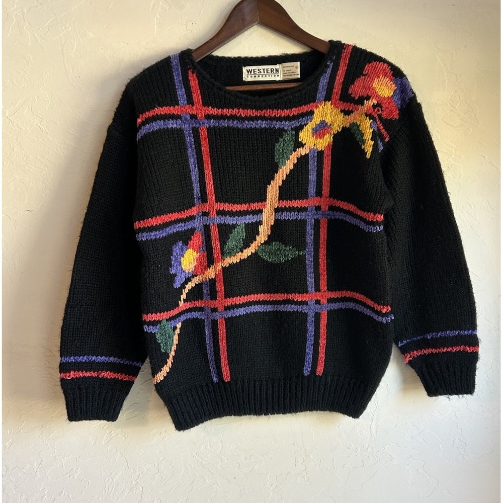 Vintage Western Connection Chunky‎ Pullover Sweater S Floral Granny Retro